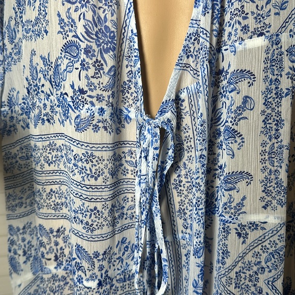 EUC Calvin Klein Sheer Blue & White Print Tie Front Coverup - Picture 4 of 10